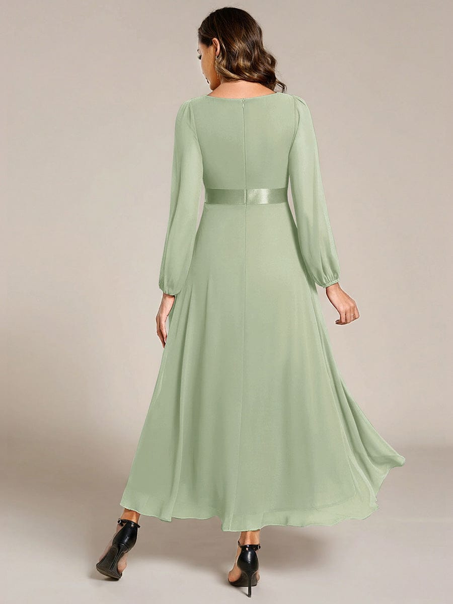 Chiffon Long Sleeve Empire Waist Midi Evening Dress #color_Mint Green