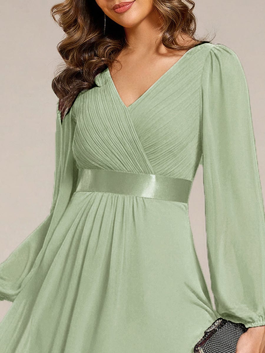 Chiffon Long Sleeve Empire Waist Midi Evening Dress #color_Mint Green