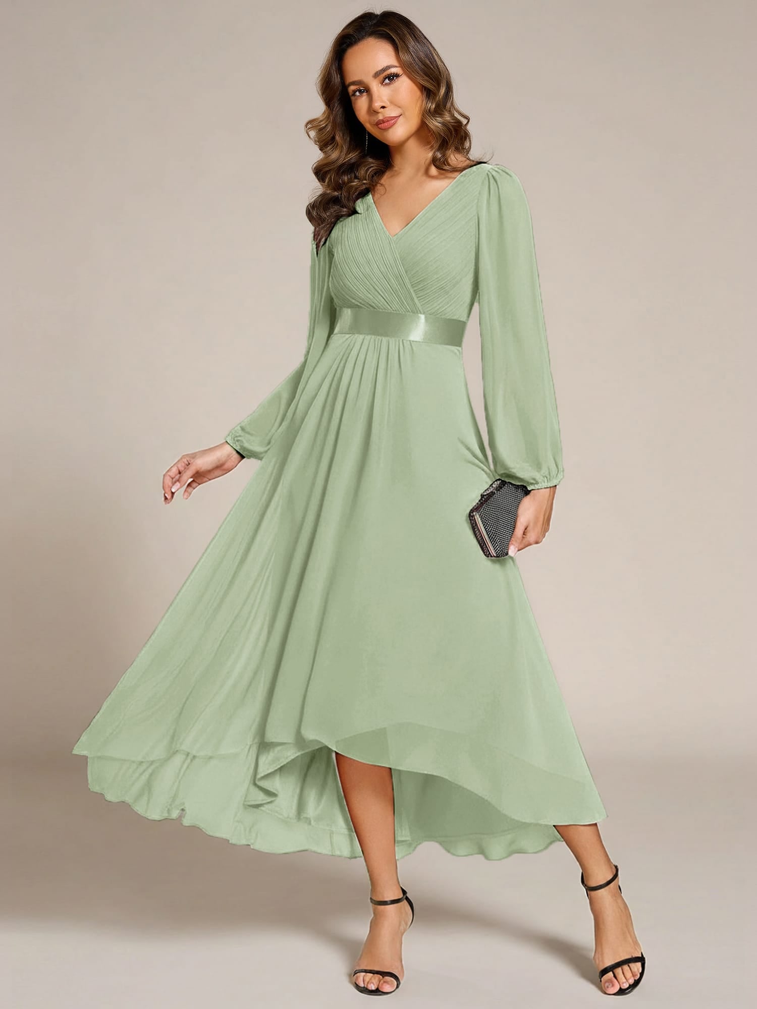 Chiffon Long Sleeve Empire Waist Midi Evening Dress #color_Mint Green