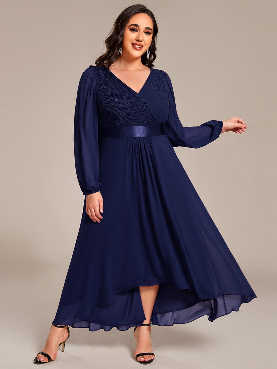 Chiffon Long Sleeve Empire Waist Midi Evening Dress #color_Navy Blue
