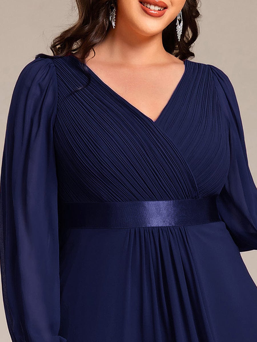 Chiffon Long Sleeve Empire Waist Midi Evening Dress #color_Navy Blue