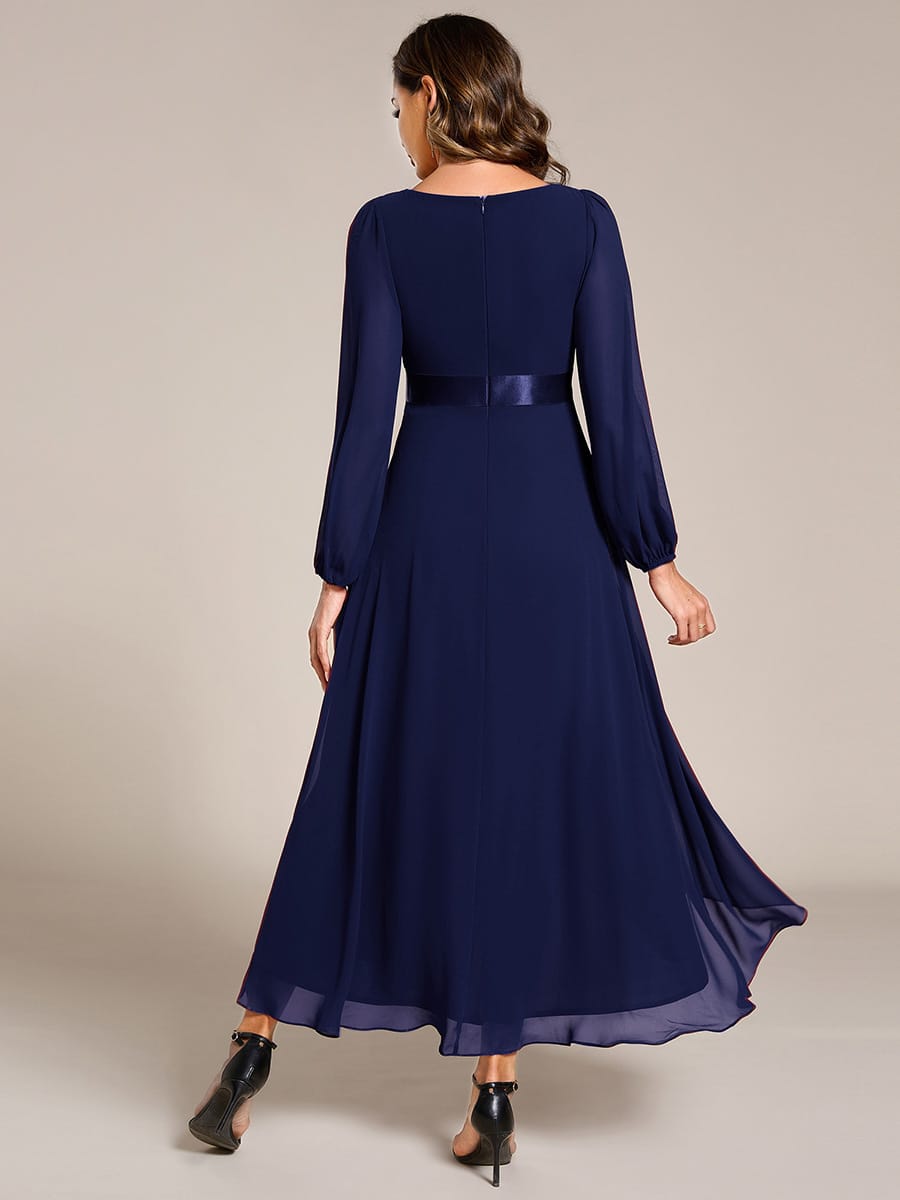 Chiffon Long Sleeve Empire Waist Midi Evening Dress #color_Navy Blue