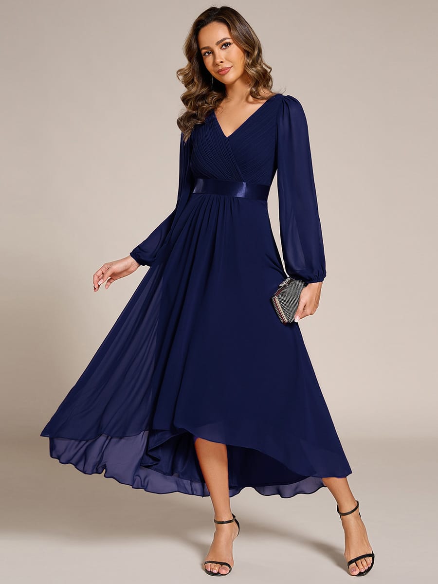 Chiffon Long Sleeve Empire Waist Midi Evening Dress #color_Navy Blue