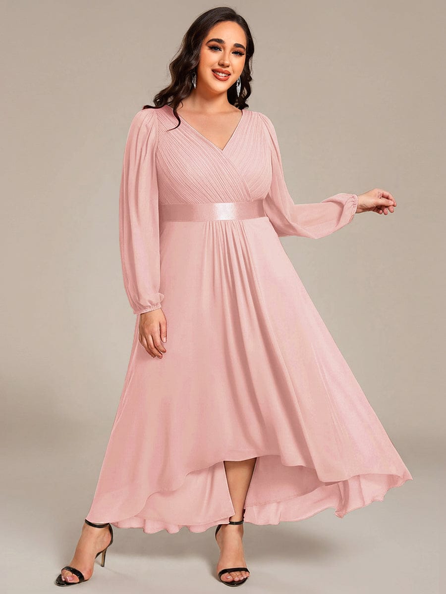 Chiffon Long Sleeve Empire Waist Midi Evening Dress #color_Pink