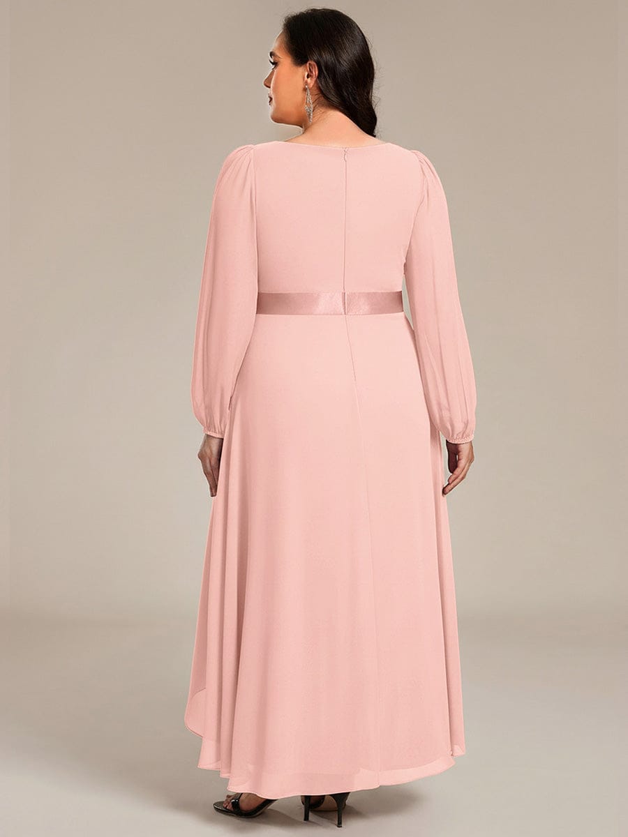 Chiffon Long Sleeve Empire Waist Midi Evening Dress #color_Pink