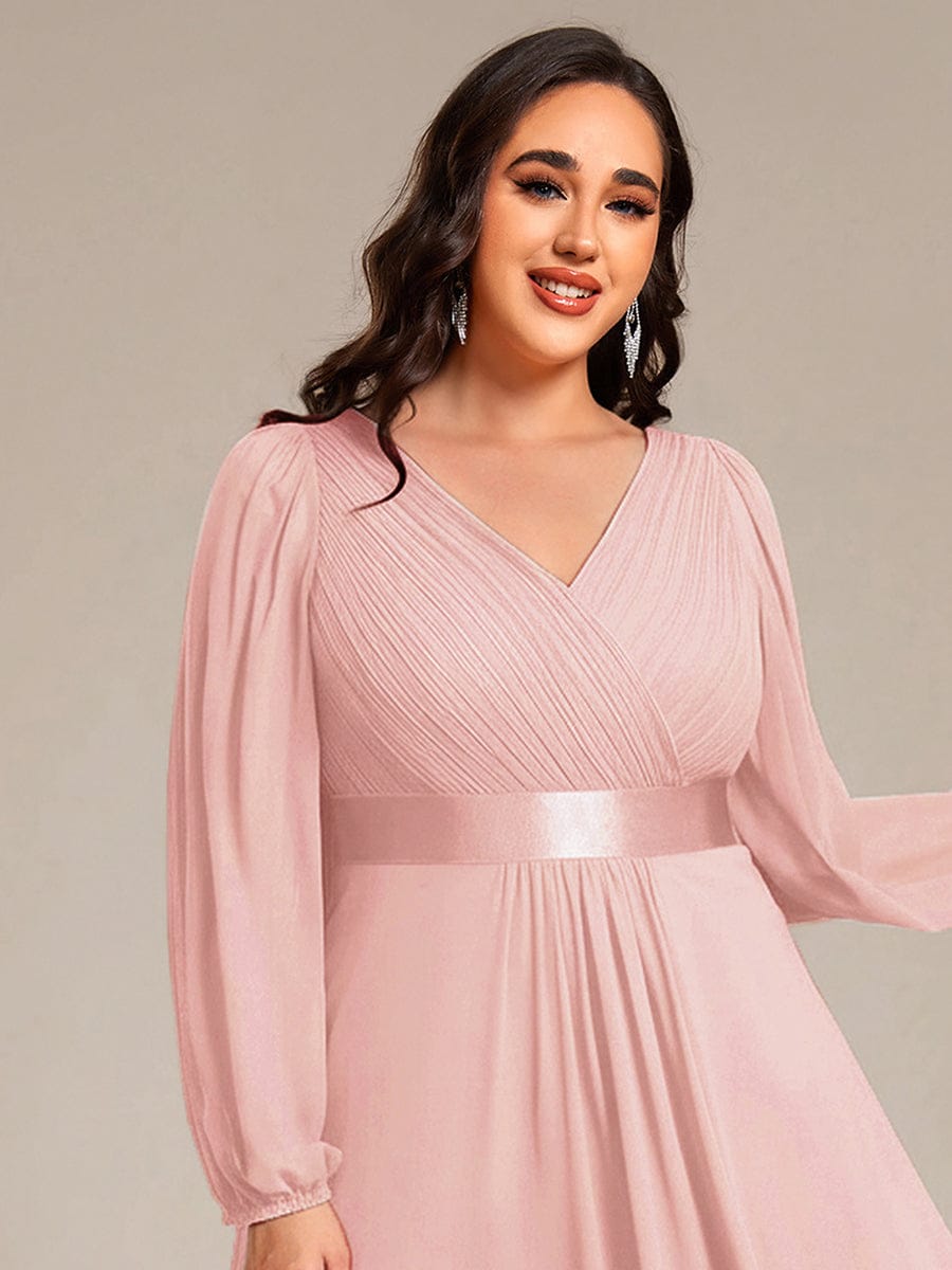 Chiffon Long Sleeve Empire Waist Midi Evening Dress #color_Pink
