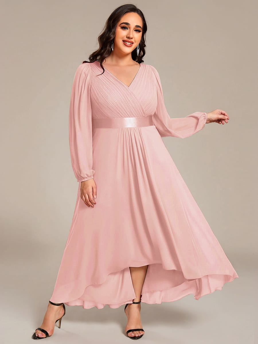 Chiffon Long Sleeve Empire Waist Midi Evening Dress #color_Pink