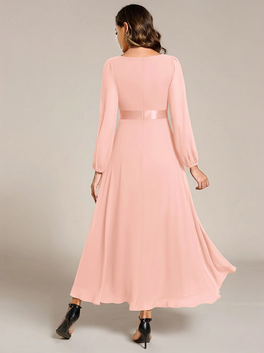 Chiffon Long Sleeve Empire Waist Midi Evening Dress #color_Pink