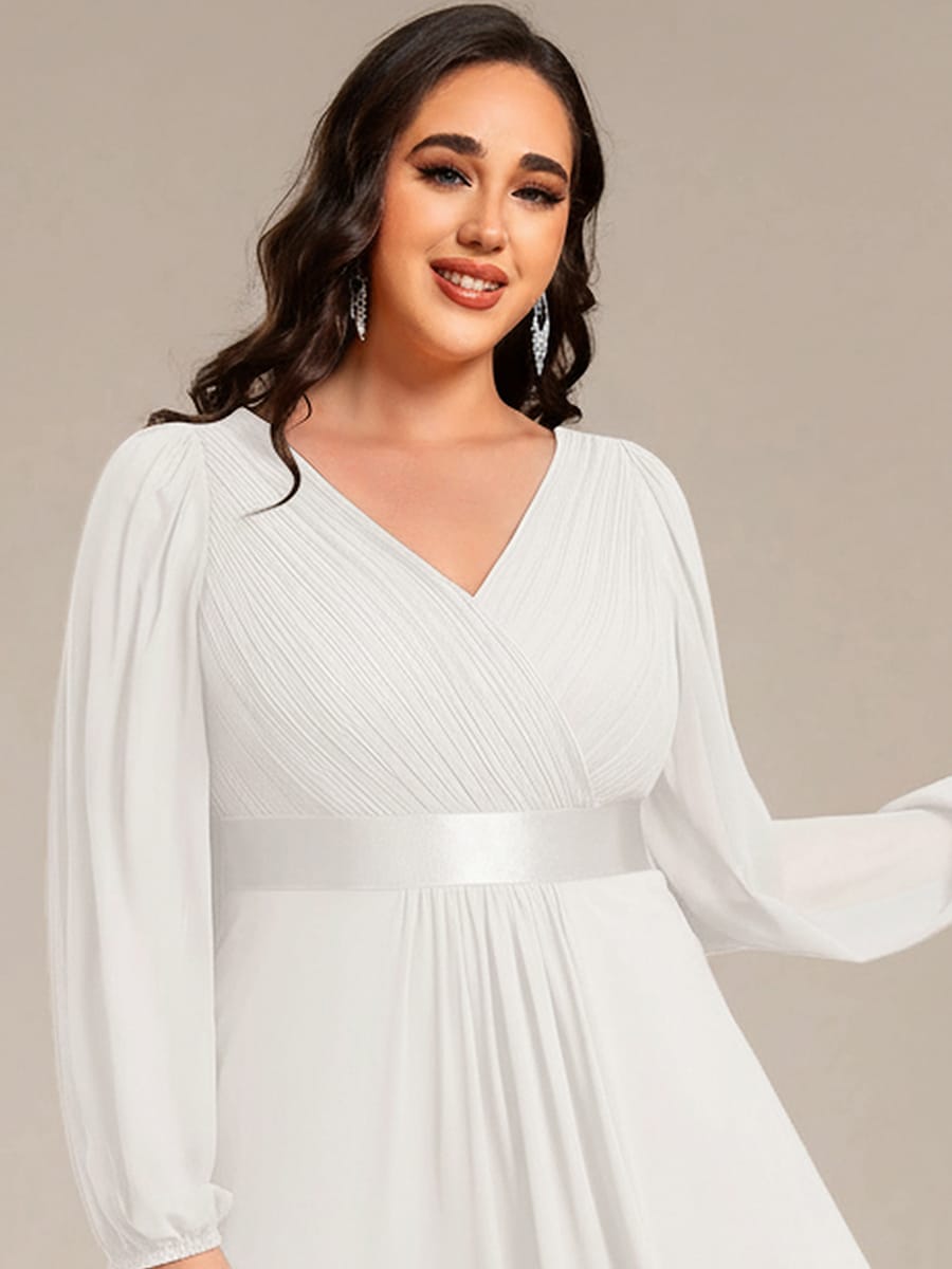 Chiffon Long Sleeve Empire Waist Midi Evening Dress #color_White
