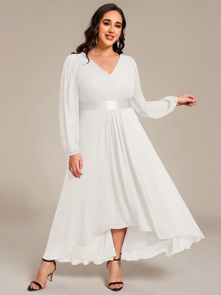 Chiffon Long Sleeve Empire Waist Midi Evening Dress #color_White