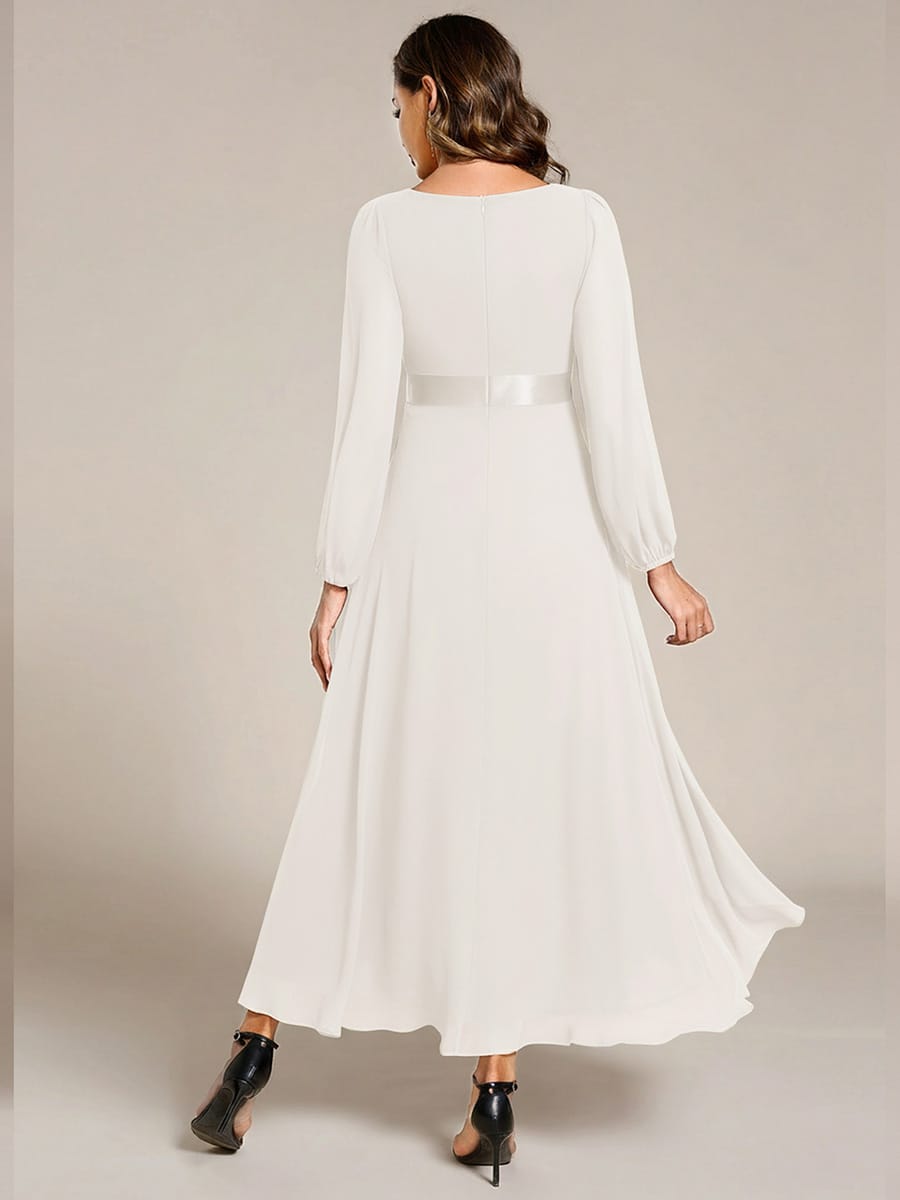 Chiffon Long Sleeve Empire Waist Midi Evening Dress #color_White