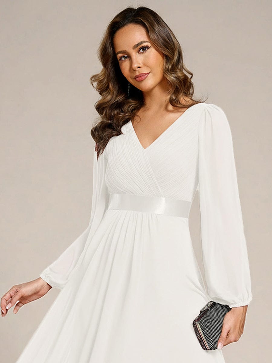 Chiffon Long Sleeve Empire Waist Midi Evening Dress #color_White