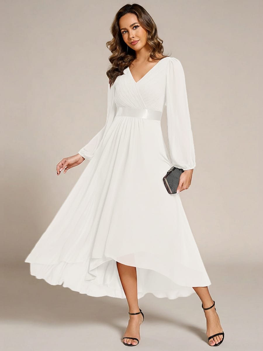 Chiffon Long Sleeve Empire Waist Midi Evening Dress #color_White