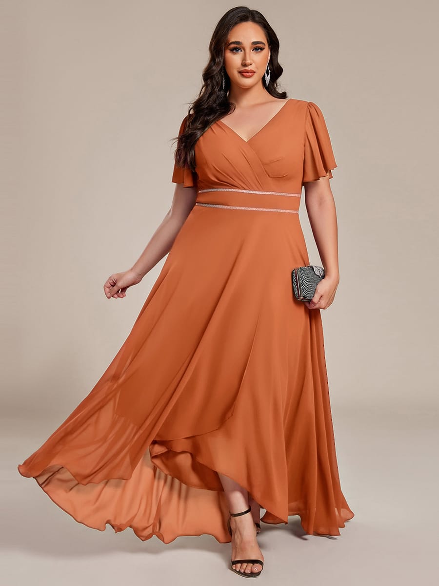 Chiffon Ruffle Sleeves Rhinestone Waist High-Low Evening Dress For Wedding #color_BM