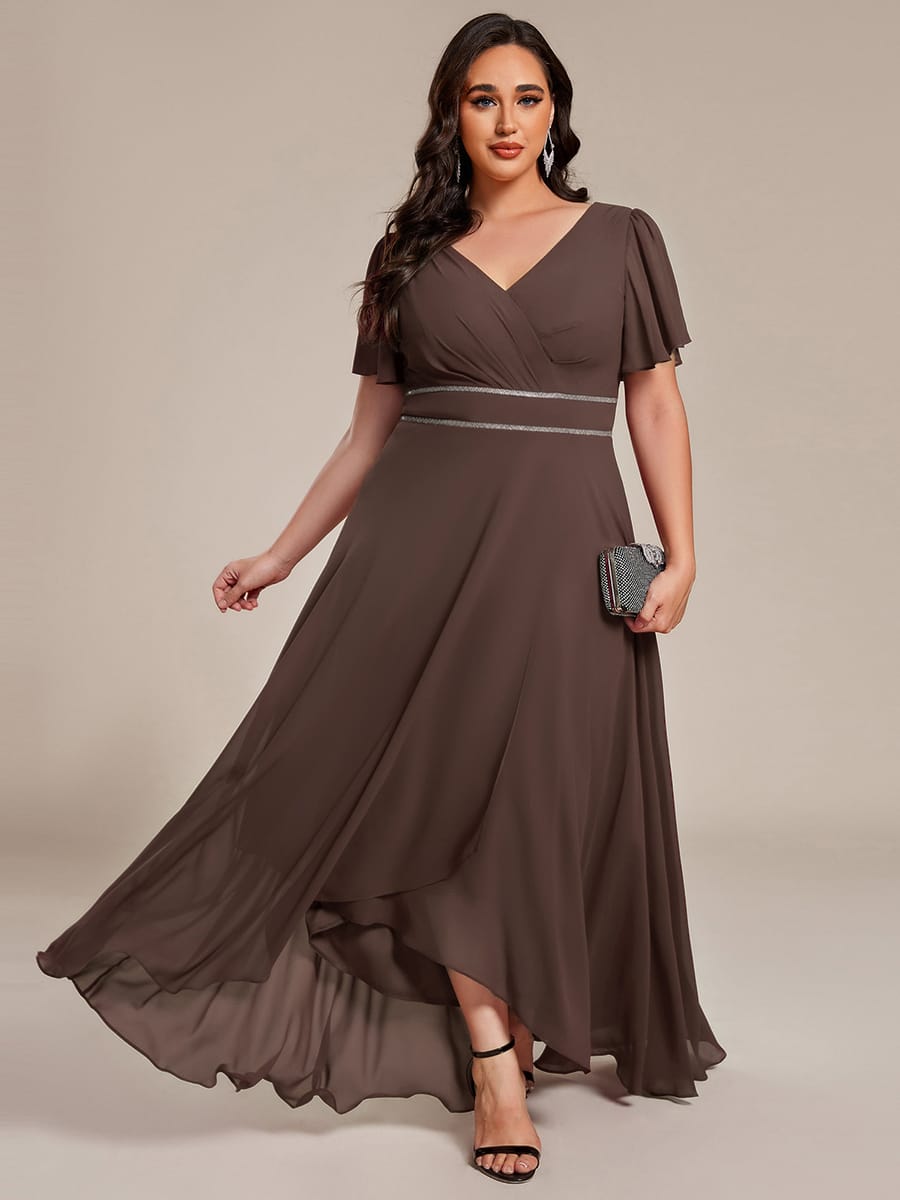 Chiffon Ruffle Sleeves Rhinestone Waist High-Low Evening Dress For Wedding #color_Espresso