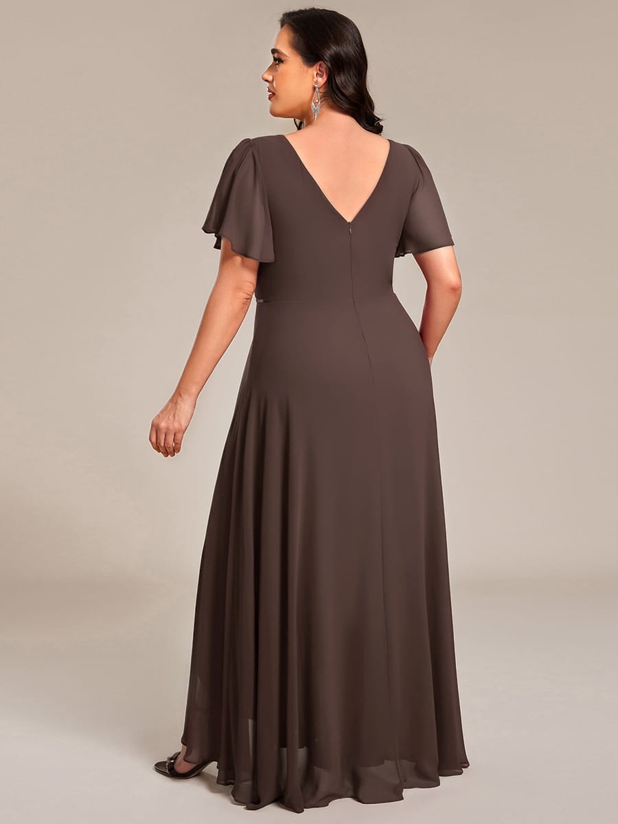 Chiffon Ruffle Sleeves Rhinestone Waist High-Low Evening Dress For Wedding #color_Espresso