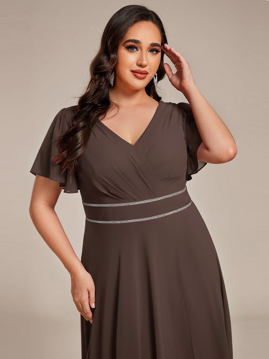 Chiffon Ruffle Sleeves Rhinestone Waist High-Low Evening Dress For Wedding #color_Espresso