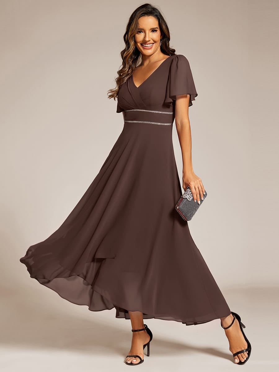 Chiffon Ruffle Sleeves Rhinestone Waist High-Low Evening Dress For Wedding #color_Espresso