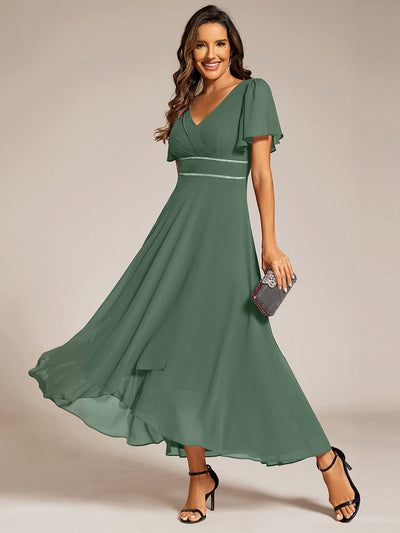 Chiffon Ruffle Sleeves Rhinestone Waist High-Low Evening Dress For Wedding #color_Eucalyptus Green