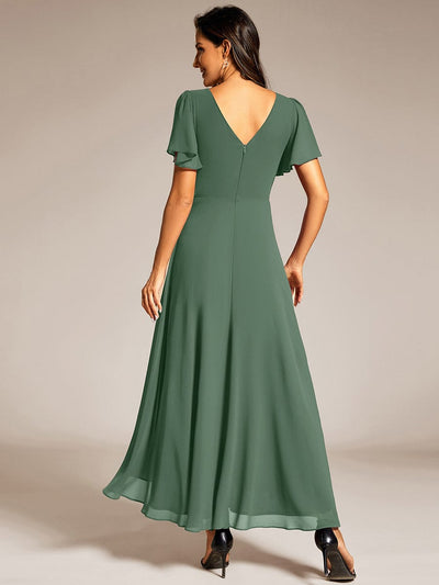 Chiffon Ruffle Sleeves Rhinestone Waist High-Low Evening Dress For Wedding #color_Eucalyptus Green