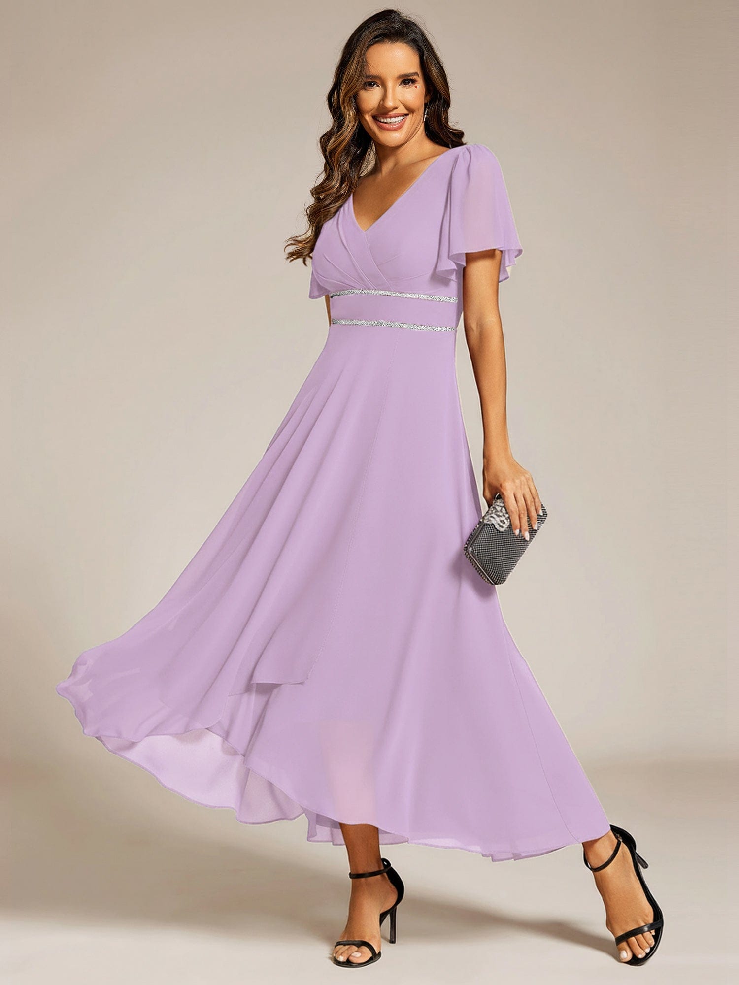 Chiffon Ruffle Sleeves Rhinestone Waist High-Low Evening Dress For Wedding #color_Frosted Lilac
