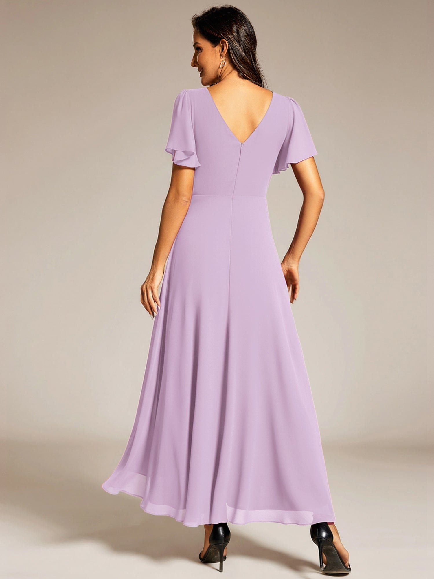 Chiffon Ruffle Sleeves Rhinestone Waist High-Low Evening Dress For Wedding #color_Frosted Lilac