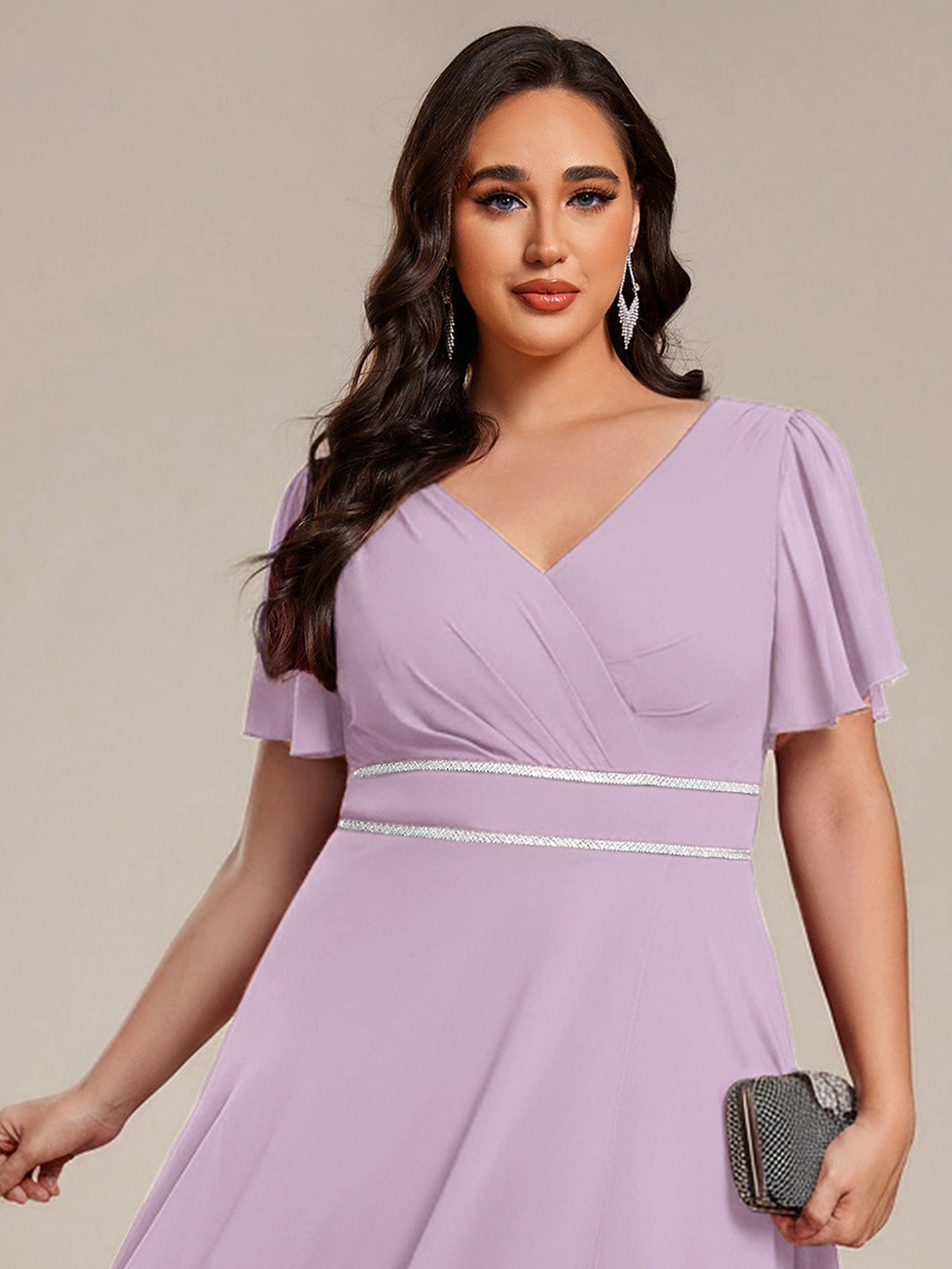 Chiffon Ruffle Sleeves Rhinestone Waist High-Low Evening Dress For Wedding #color_Frosted Lilac