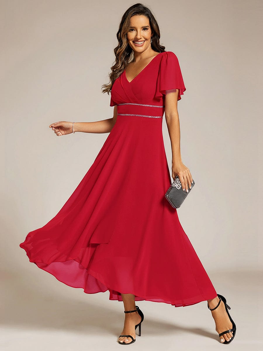 Chiffon Ruffle Sleeves Rhinestone Waist High-Low Evening Dress For Wedding #color_Red