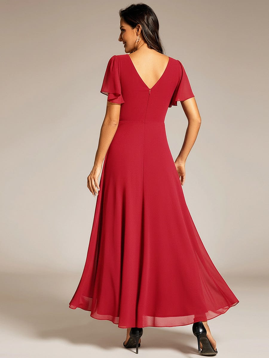 Chiffon Ruffle Sleeves Rhinestone Waist High-Low Evening Dress For Wedding #color_Red