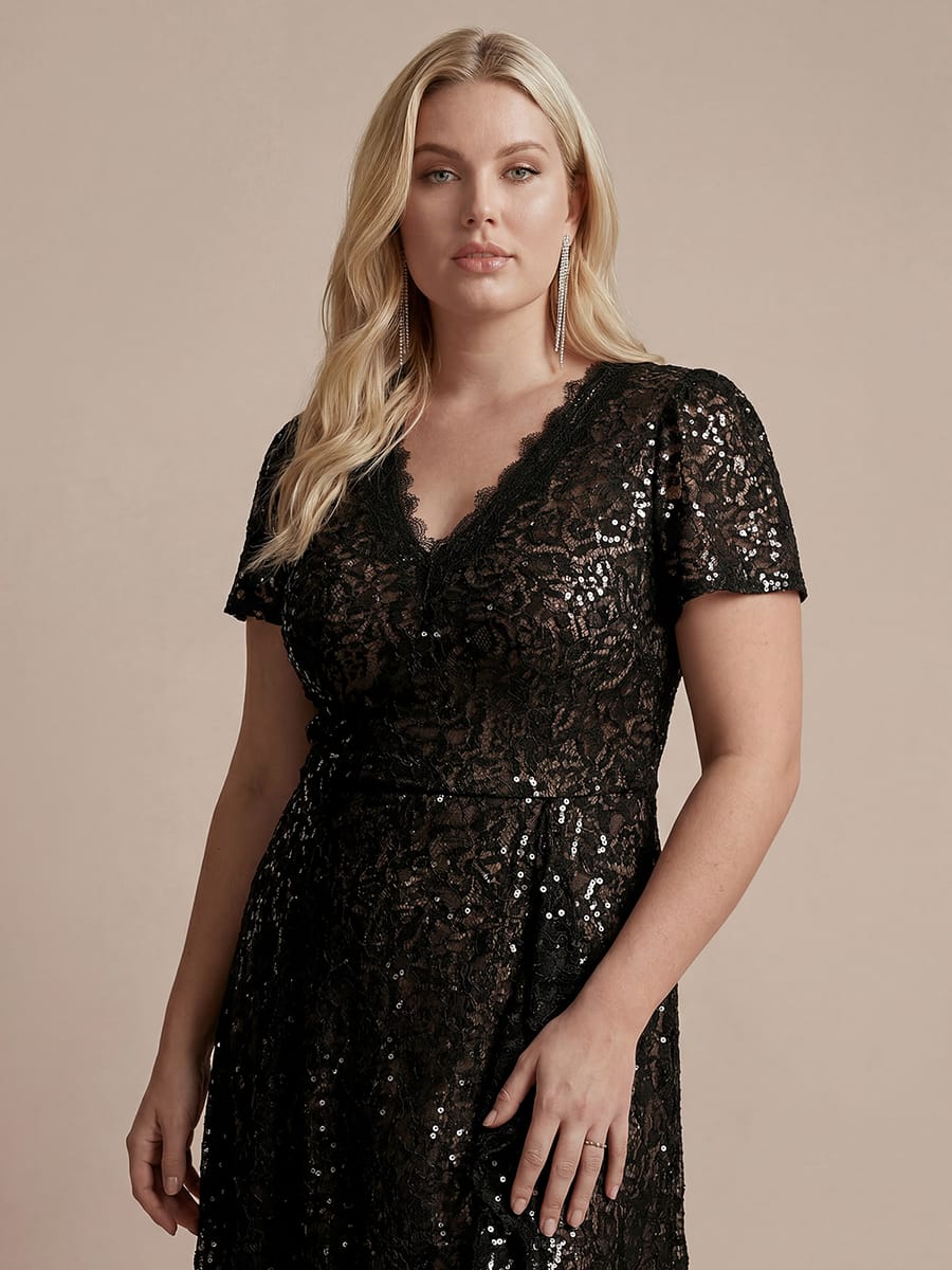 Sequin Lace Puff Sleeve Dress #color_Black