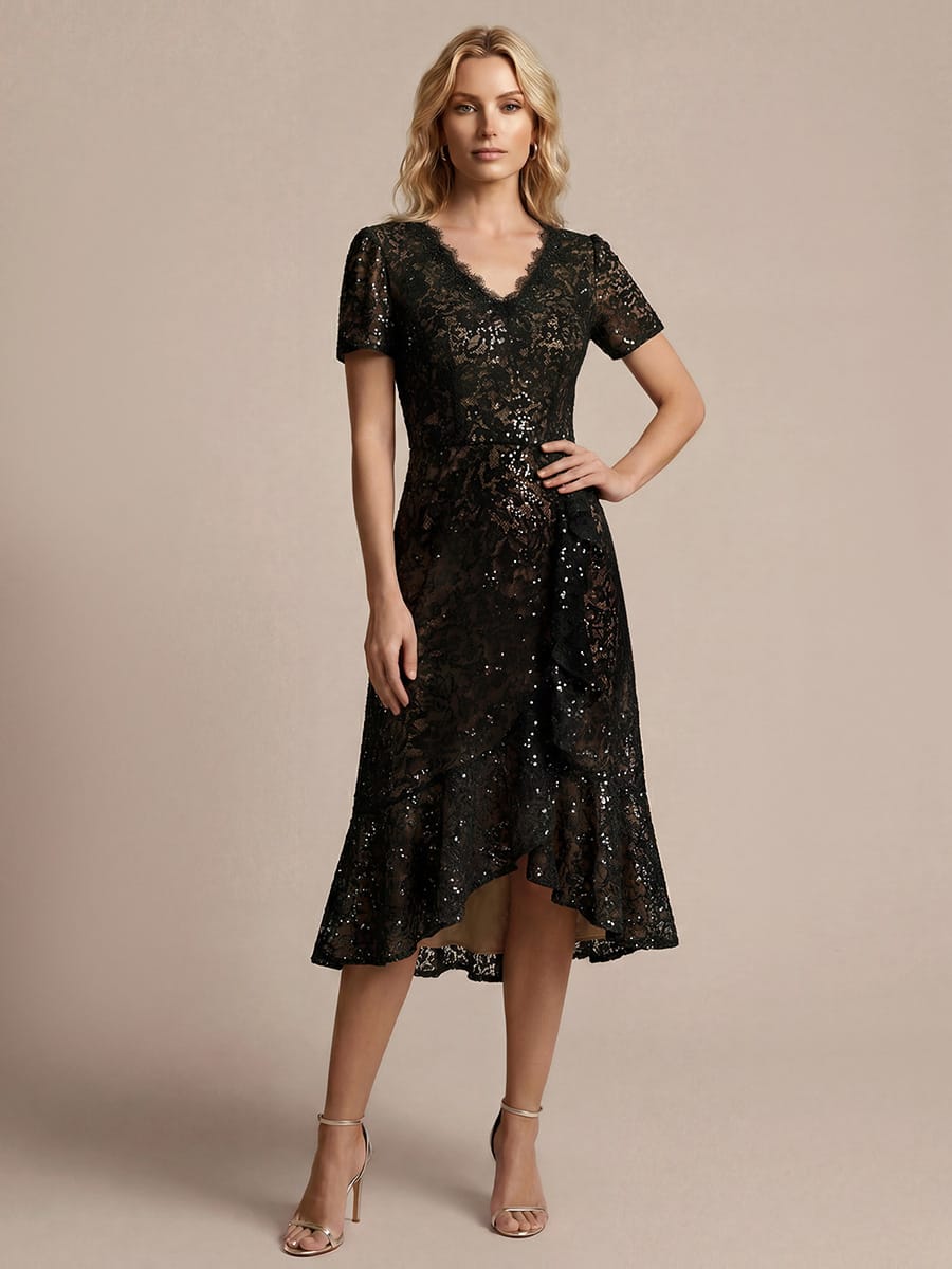Sequin Lace Puff Sleeve Dress #color_Black