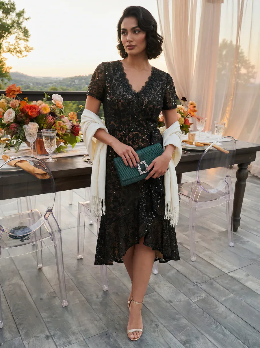 Sequin Lace Puff Sleeve Dress #color_Black
