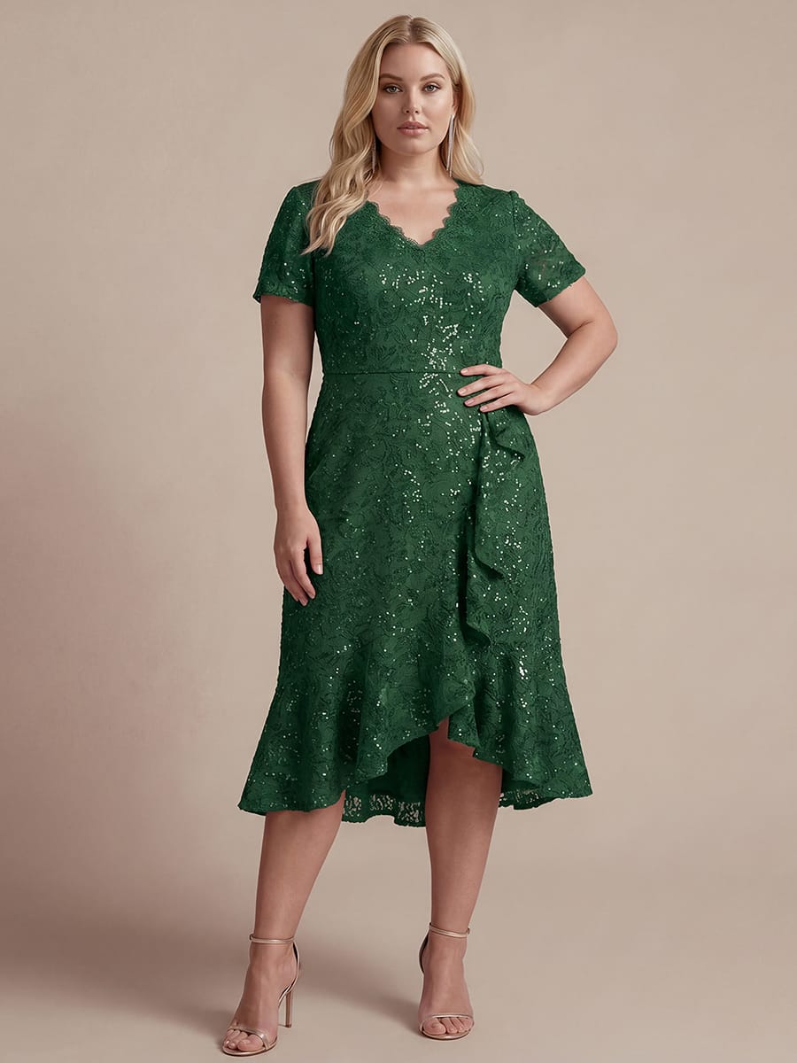 Sequin Lace Puff Sleeve Dress #color_Dark Green