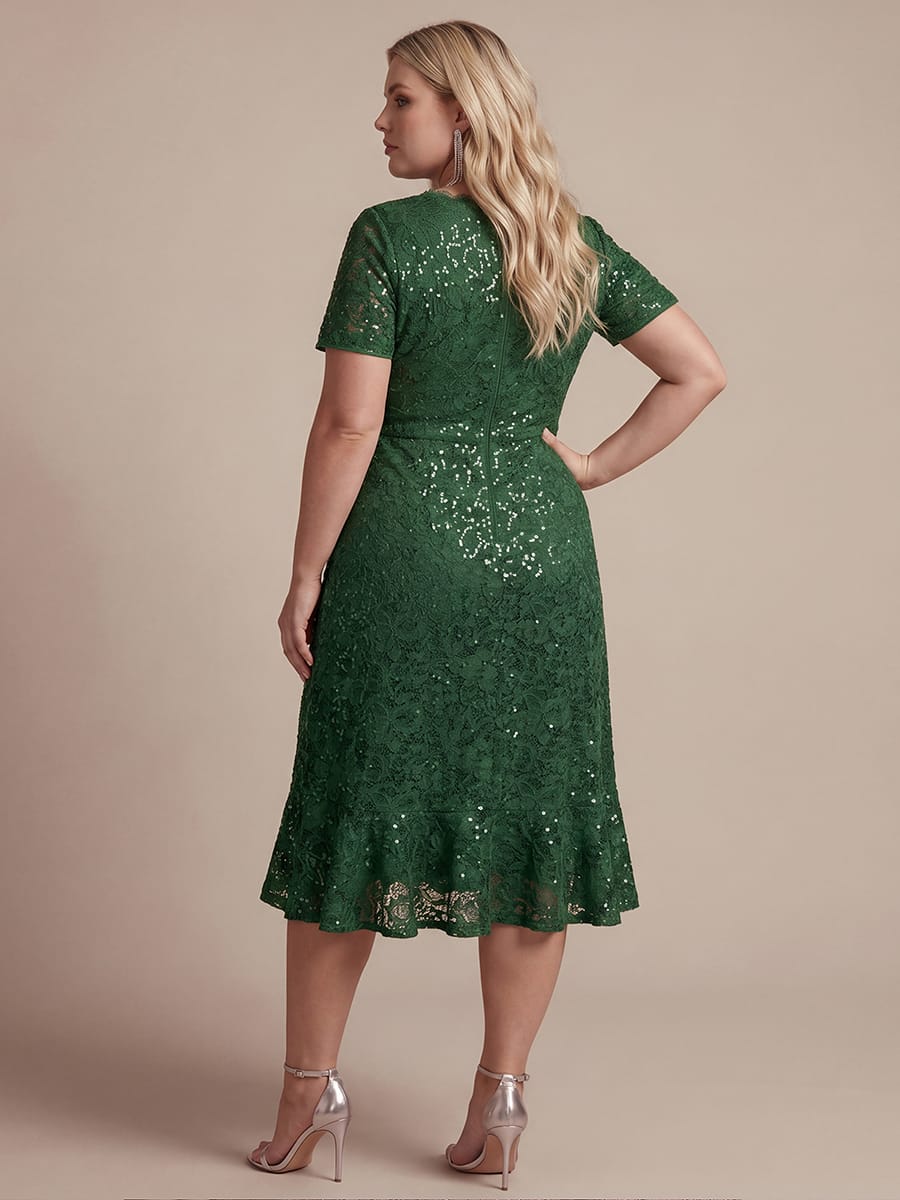 Sequin Lace Puff Sleeve Dress #color_Dark Green