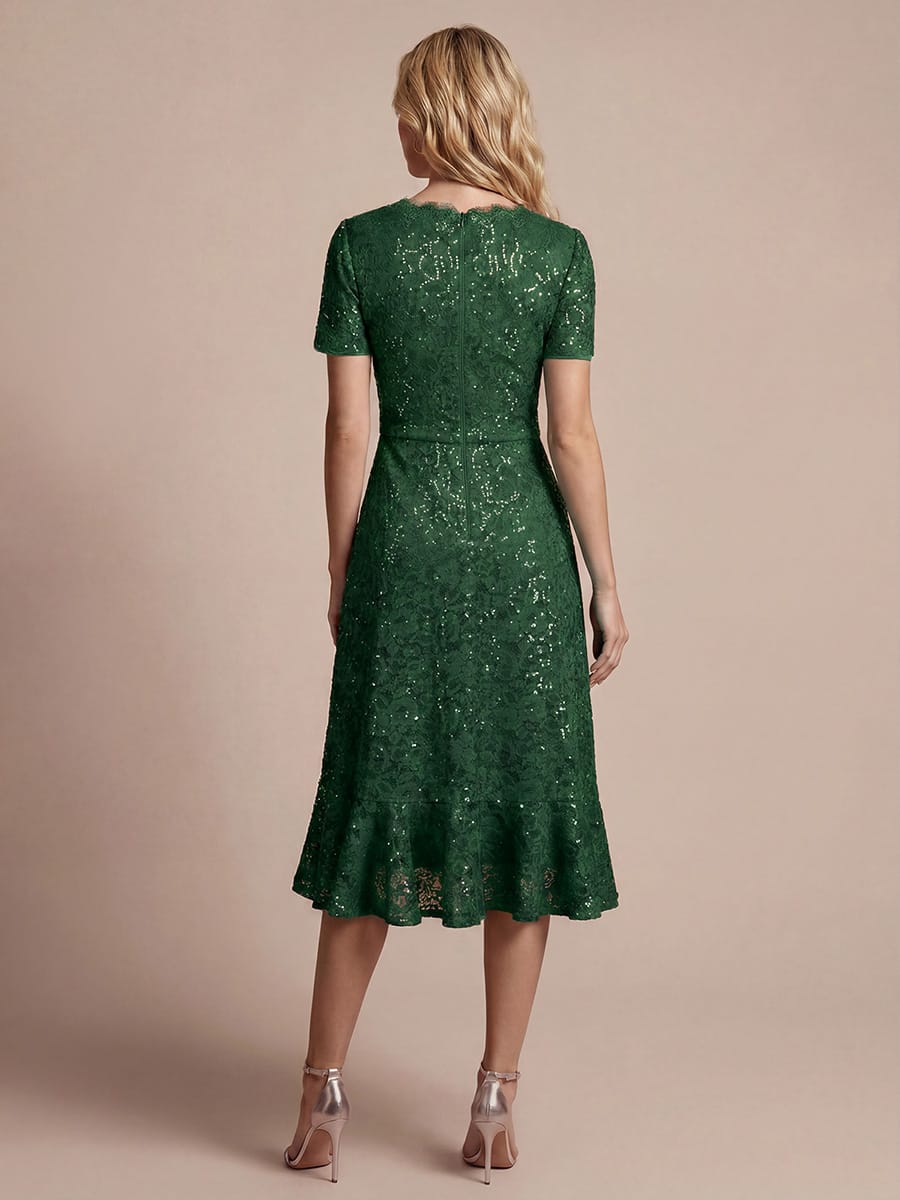 Sequin Lace Puff Sleeve Dress #color_Dark Green