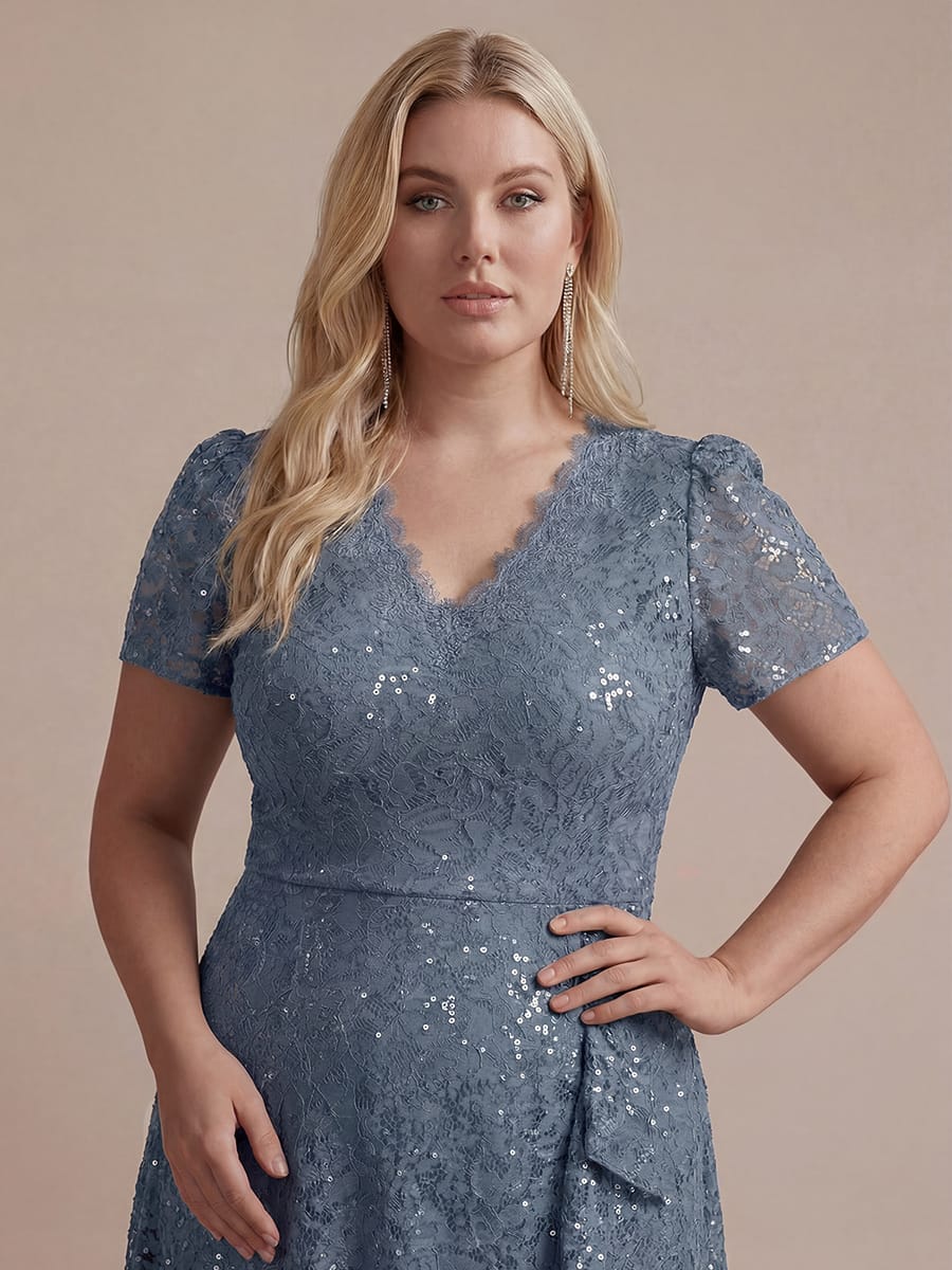 Sequin Lace Puff Sleeve Dress #color_Dusty Blue