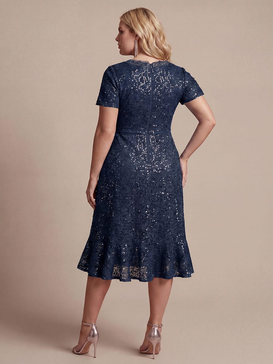 Sequin Lace Puff Sleeve Dress #color_Navy Blue