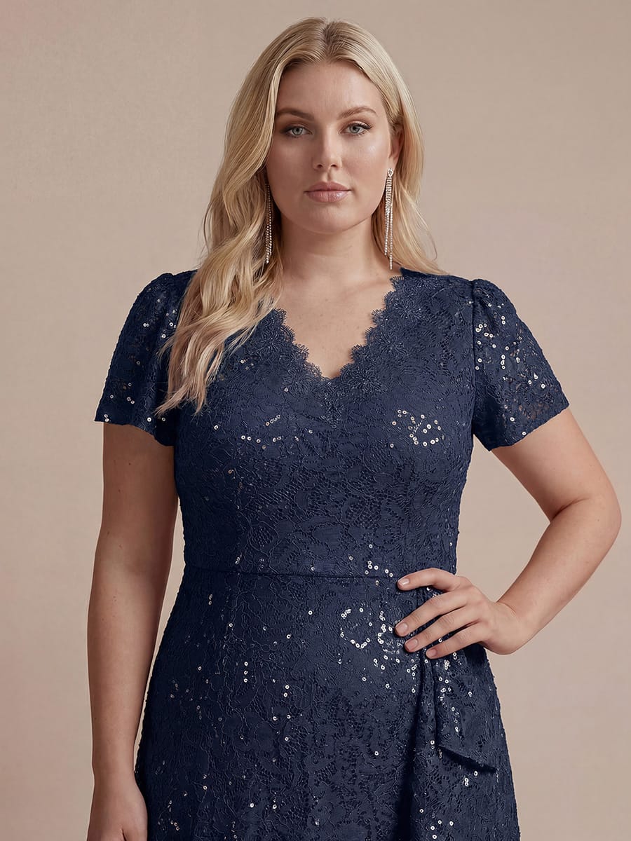 Sequin Lace Puff Sleeve Dress #color_Navy Blue