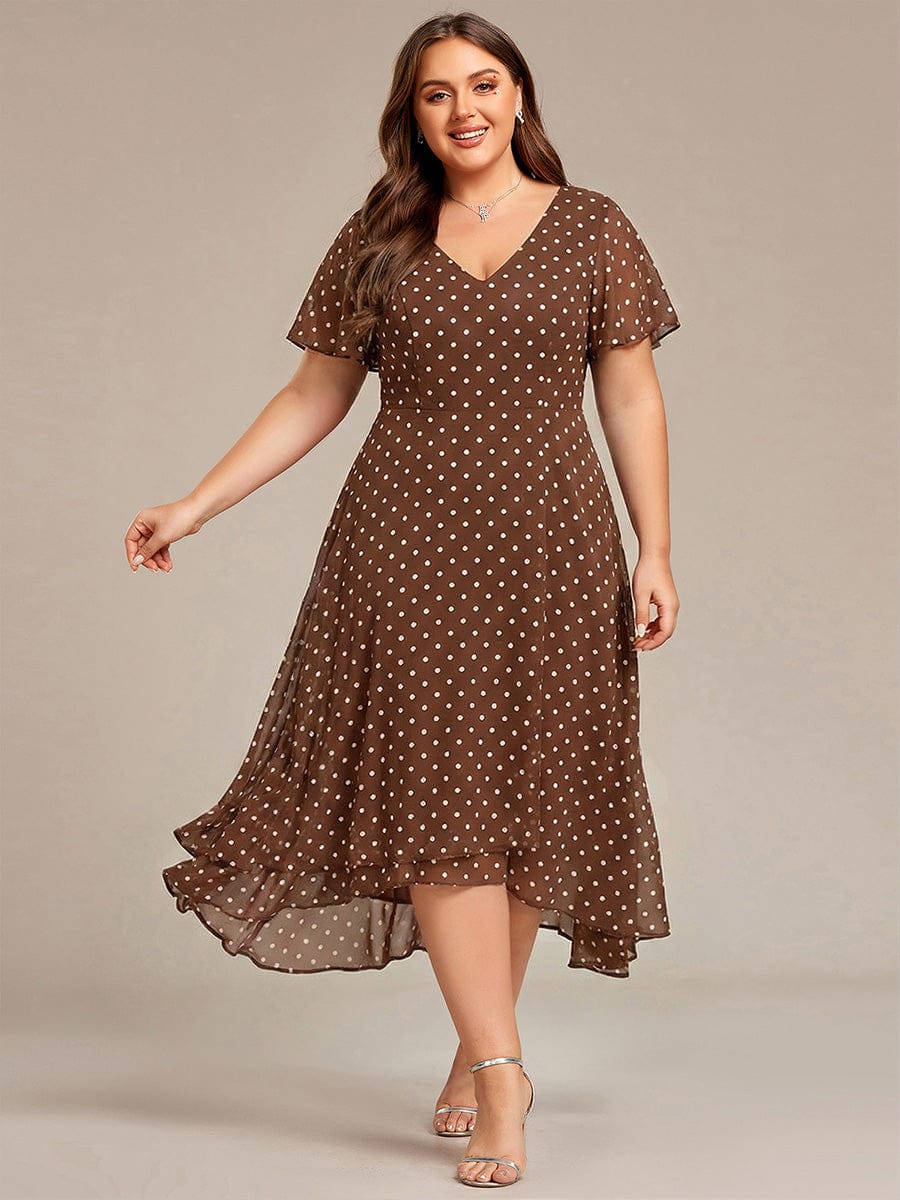 High Low Chiffon Wedding Guest Dress with V-Neck and Ruffle Sleeves #color_Brown Polka Dots