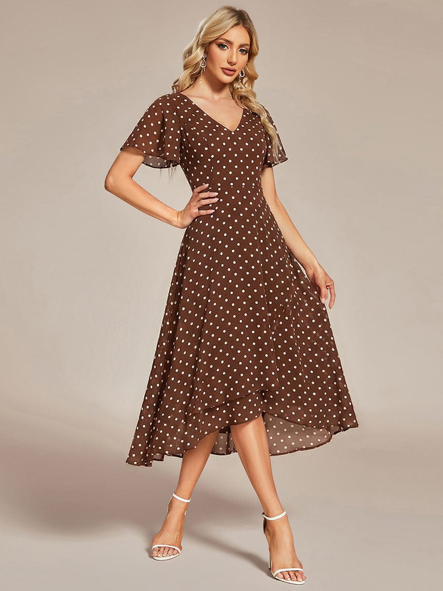 High Low Chiffon Wedding Guest Dress with V-Neck and Ruffle Sleeves #color_Brown Polka Dots