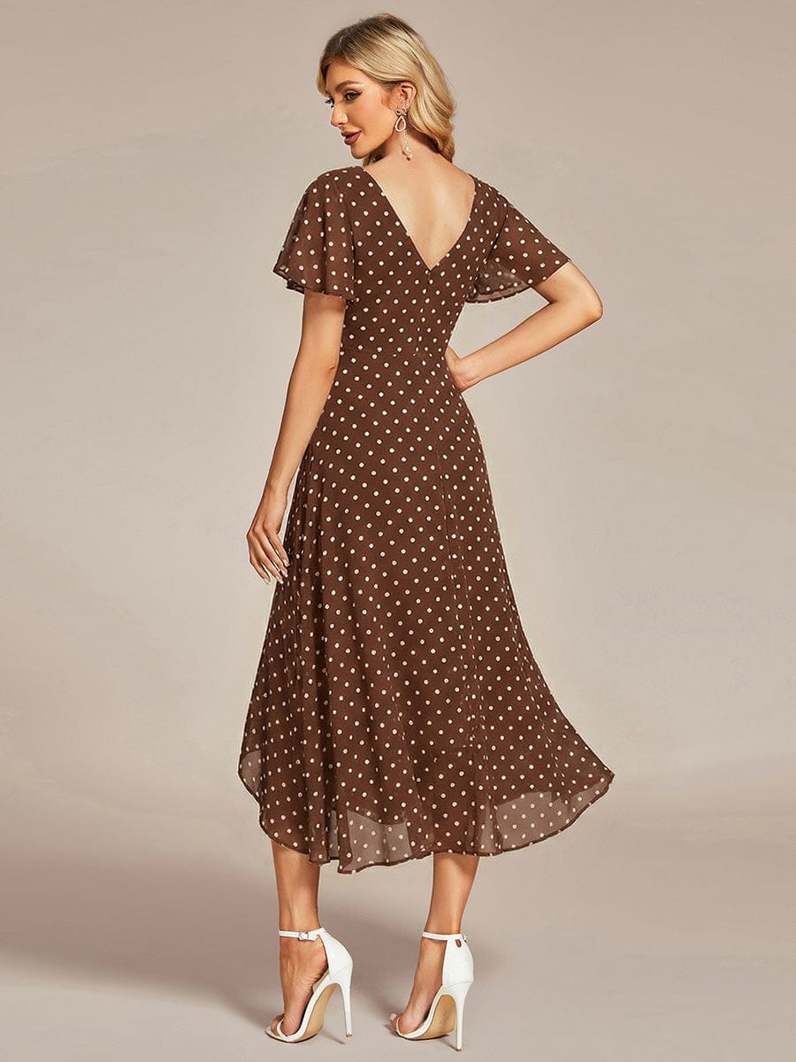 High Low Chiffon Wedding Guest Dress with V-Neck and Ruffle Sleeves #color_Brown Polka Dots