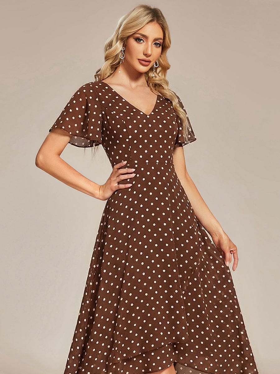 High Low Chiffon Wedding Guest Dress with V-Neck and Ruffle Sleeves #color_Brown Polka Dots