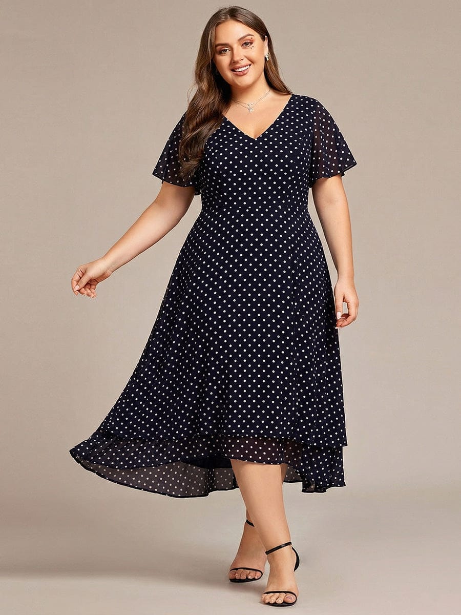 High Low Chiffon Wedding Guest Dress with V-Neck and Ruffle Sleeves #color_Navy Blue Polka Dots