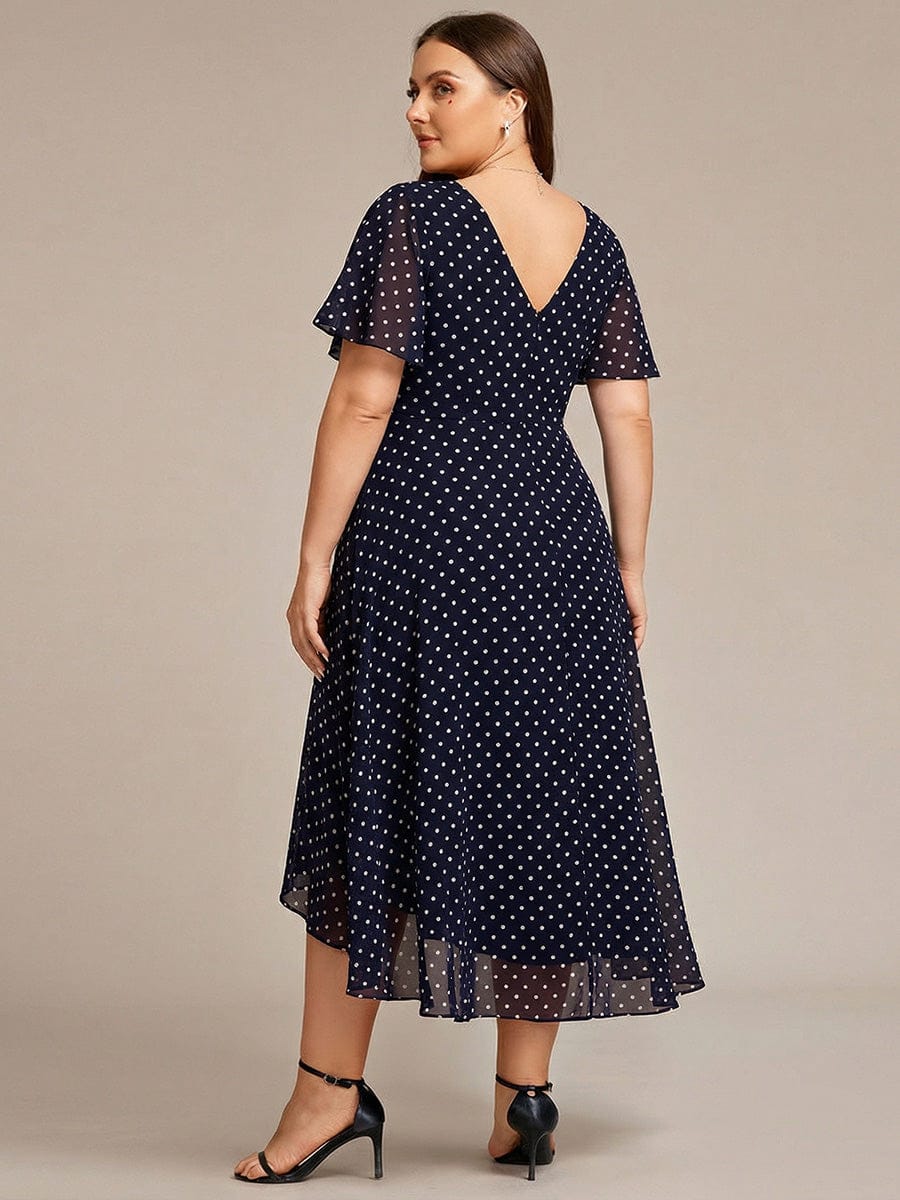 High Low Chiffon Wedding Guest Dress with V-Neck and Ruffle Sleeves #color_Navy Blue Polka Dots
