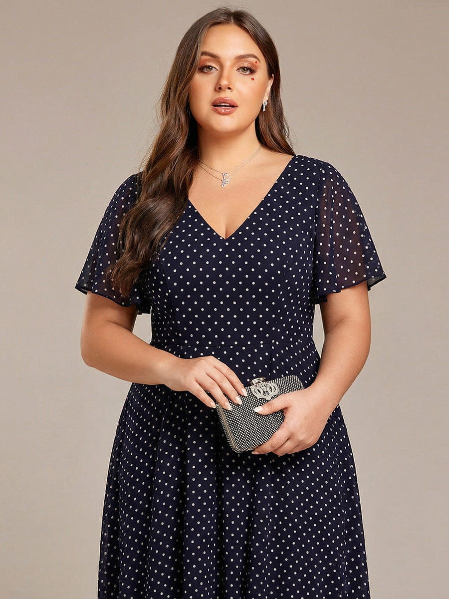 High Low Chiffon Wedding Guest Dress with V-Neck and Ruffle Sleeves #color_Navy Blue Polka Dots