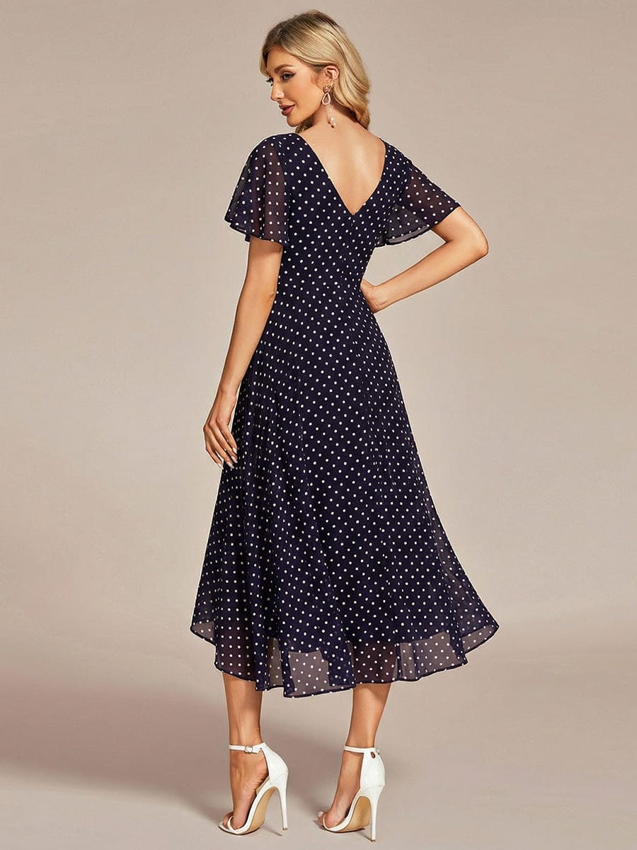 High Low Chiffon Wedding Guest Dress with V-Neck and Ruffle Sleeves #color_Navy Blue Polka Dots