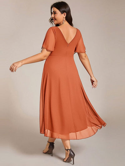 Chic V Neck High-Low Wedding Guest Dress #color_Brandied Melon
