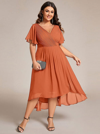 Chic V Neck High-Low Wedding Guest Dress #color_Brandied Melon