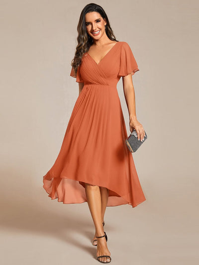 Chic V Neck High-Low Wedding Guest Dress #color_Brandied Melon