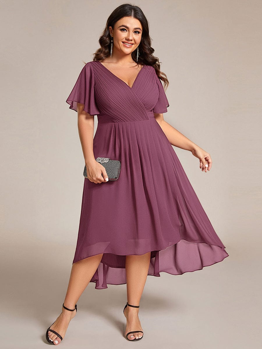 Chic V Neck High-Low Wedding Guest Dress #color_Damson